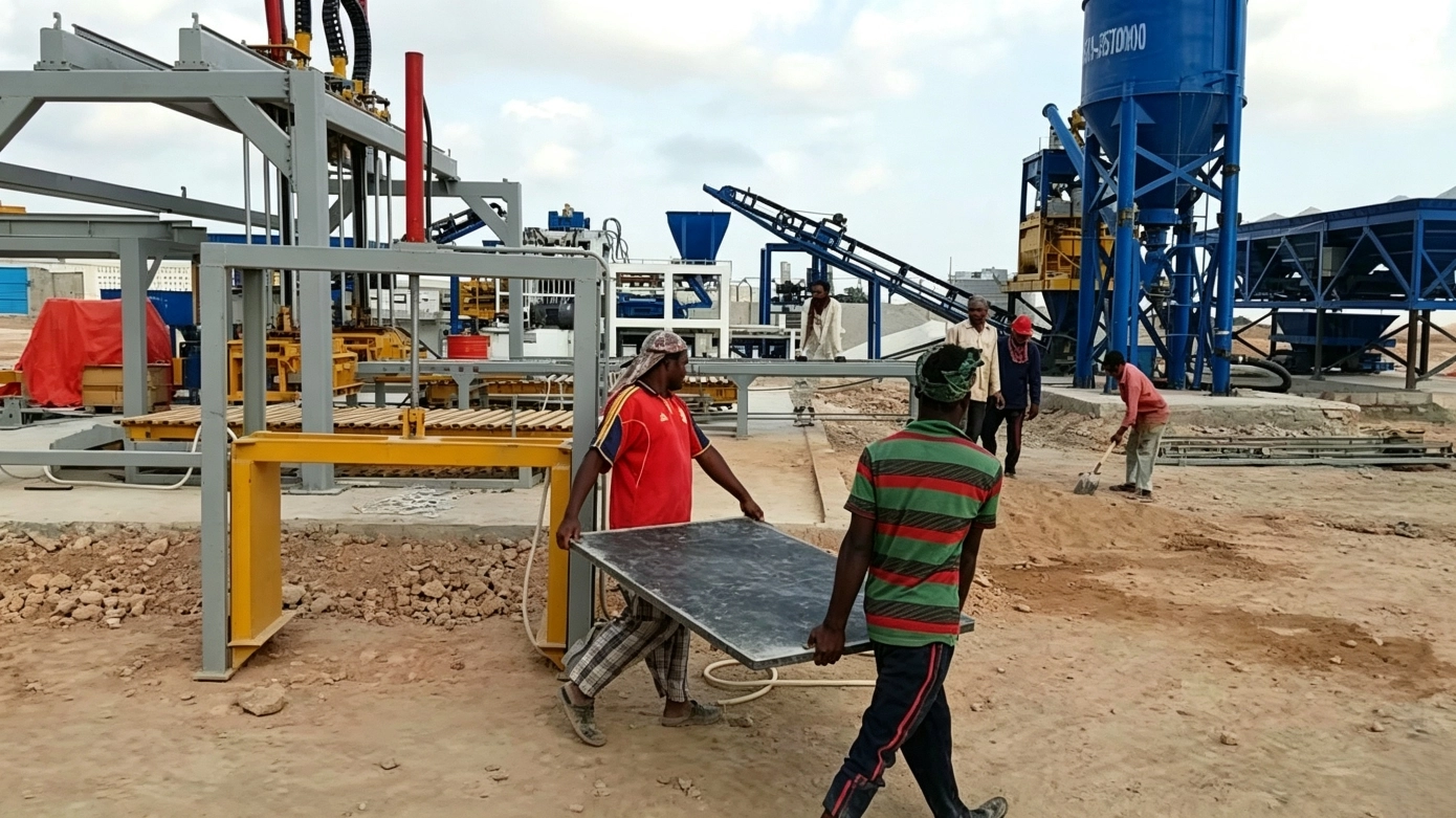 QT4‑15D Automatic Hydraulic Concrete Brick Machine On‑site Commissioning Trial Run for African Brick Factory Automated Production Line